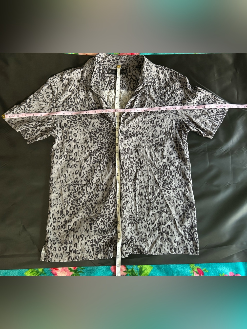 All Saints Black and Gray Leopard Print Short Sleeve Tunic